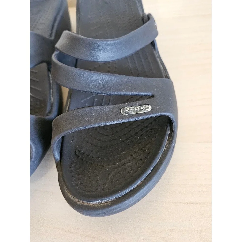 Crocs Patricia Black Multi Strap Wedge Sandals Womens 8 Comfort Slip On Shoes